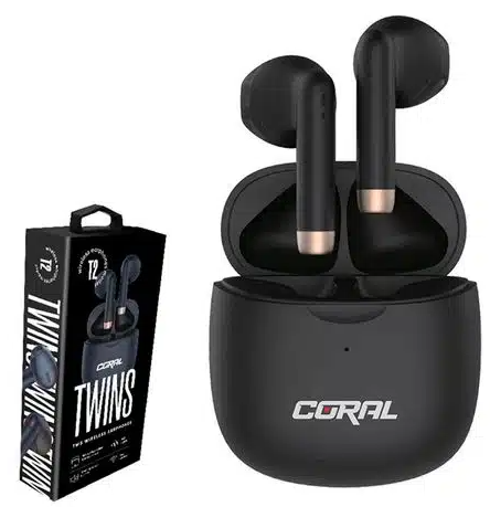 אוזניות אלחוטיות CORAL Twins T2 TWS עם סאונד איכותי ביותר צבע שחור